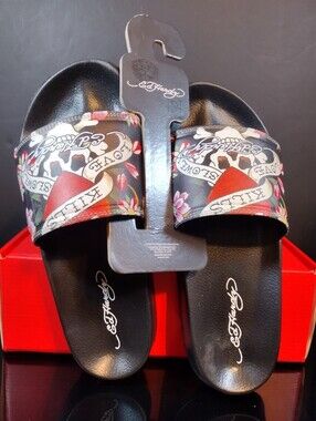 Ed Hardy Slide Sandals Men's Size 10 Love Kills Slowly Design